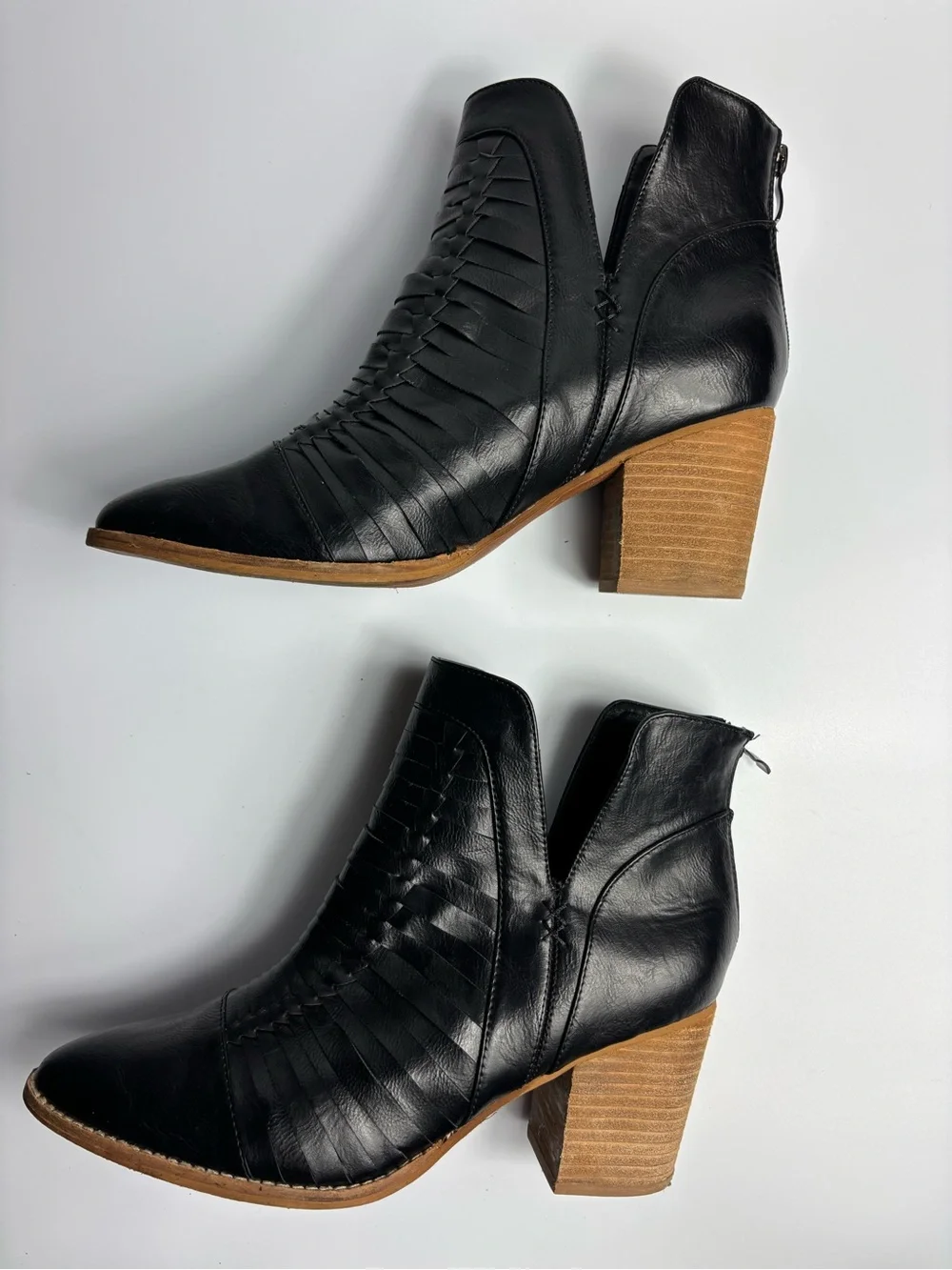 Beast Fashion Black Leather Ankle Block Heels Woven Strappy Boots Women Size 10